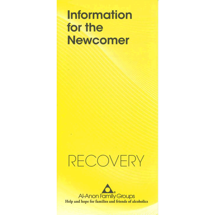 Image of the pamphlet cover for Information for the Newcomer. It's a vertical rectangle with a bright yellow background with a wave pattern across it. The text "Information for the Newcomer" in a dark grey is at the top of the pamphelet and the text "Recovery" followed on the line down by "Al-Anon Family Groups - Help and hope for familites and friends of alcoholics" is across the bottom of the pamphelet.